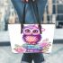 Cute purple owl sitting on top of books with pink roses leather tote bag