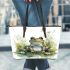 Cute smiling frog sitting in the grass near water leaather tote bag