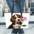 Cute valentine's day beagle puppy holding a pink rose leather tote bag