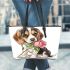 Cute valentine's day beagle puppy holding a pink rose leather tote bag