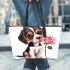 Cute valentine's day beagle puppy holding a pink rose leather tote bag