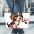 Cute valentine's day beagle puppy holding a pink rose leather tote bag