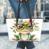 Cute watercolor cartoon frog with glasses and flowers leaather tote bag