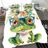 Cute watercolor cartoon frog with glasses and flowers on its head bedding set
