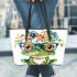 Cute watercolor cartoon frog with glasses and flowers on its head leaather tote bag
