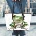 Cute watercolor green frog drinking coffee leaather tote bag