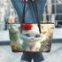 Cute white baby cat blue eyes leather tote bag