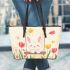 Cute white bunny surrounded by colorful tulips leather tote bag