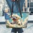 Cute white puppy running in a flower sea leather tote bag