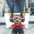 Cute yorkshire terrier dog wearing headphones leather tote bag