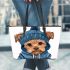 Cute yorkshire terrier in hoodie leather tote bag