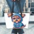 Cute yorkshire terrier in hoodie leather tote bag