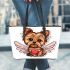 Cute yorkshire terrier with angel wings and heart leather tote bag