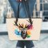 Deer head with antlers brush strokes leather totee bag