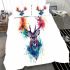 Deer head with colorful watercolor splash behind bedding set