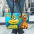 Dogs and yellow grinchy smile toothless like leather tote bag