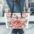 Dragonfly surrounded with peonies leather tote bag