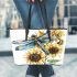 Dragonfly with blue wings and black eyes leather tote bag