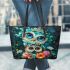 Fantasy cute baby owl with big blue eyes leather tote bag