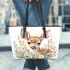 Floral to cute deer with big head and eyes leather totee bag