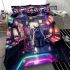 Fluffy cat exploring retro arcade room bedding set