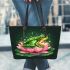 Frog jumping on a pink lotus flower leaather tote bag