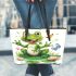 Frog sitting on a lily pad smiling with a butterfly and dragonfly leaather tote bag