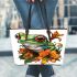 Frog with lily flower on its back leaather tote bag