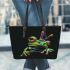 Green frog doing the peace sign in vibrant colors leaather tote bag