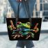 Green frog doing the peace sign in vibrant colors leaather tote bag