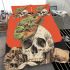 Green frog playing the banjo on top of human skull bedding set