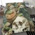 Green frog playing the banjo on top of human skull bedding set