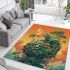 Green frog sitting on top of an island with trees and flowers area rugs carpet