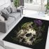 Green frog sitting on top of an skull with purple thistles growing area rugs carpet