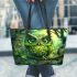 Green owl cartoon leather tote bag