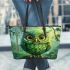 Green owl cartoon leather tote bag