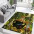 Green tree frog sits on top of a black pot with gold coins area rugs carpet