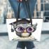 Grey owl with big eyes wearing glasses leather tote bag