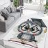 Grey owl with big eyes wearing glasses and graduation hat holding area rugs carpet