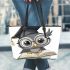 Grey owl with big eyes wearing glasses leather tote bag