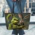 grinchy smile and dancing donkey Leather Tote Bag