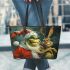 grinchy smile and dancing santaclaus Leather Tote Bag
