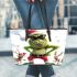 grinchy with black sunglass and dancing santaclaus Leather Tote Bag