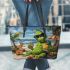 grinchy with black sunglass drink juice fruit Leather Tote Bag