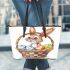 Happy easter bunny with colorful eggs in a basket isolated leather tote bag