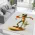 Happy frog wearing sunglasses surfing on a surfboard while holding area rugs carpet