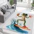 Happy frog wearing sunglasses surfing on a surfboard while holding area rugs carpet