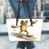 Happy frog wearing sunglasses surfing on a surfboard while holding leaather tote bag
