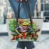 Happy smiling red eyed tree frog sitting on a branch leaather tote bag