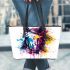 Horse head colorful ink splash and paint drips leather tote bag